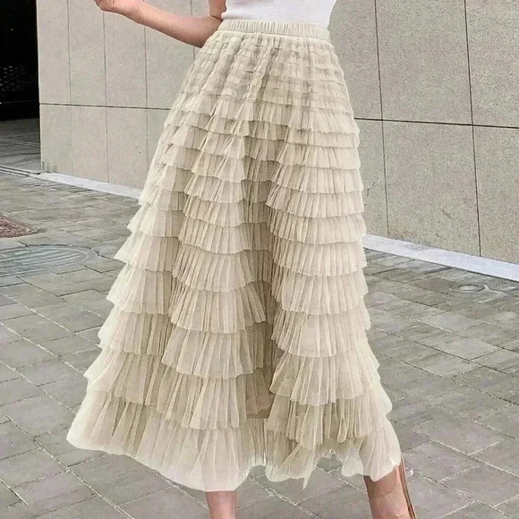 Khaki Boho Womens Solid Layer Ruffle Hem Mesh Skirt - Picture 1 of 5